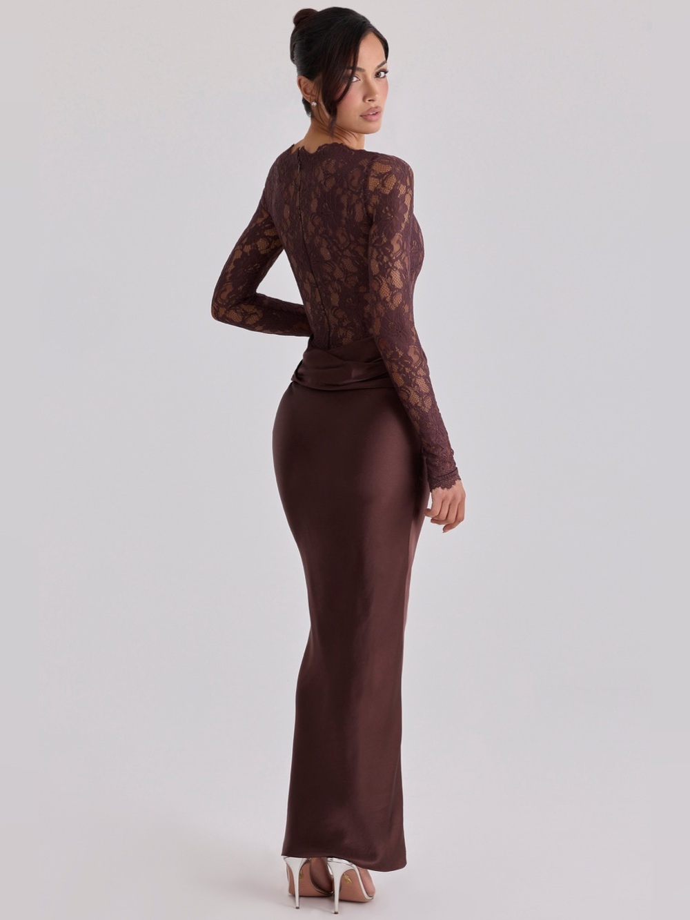 House of CB YASMEEN Espresso Brown Lace + Satin Draped Maxi Dress size L NWOT - Picture 6 of 10